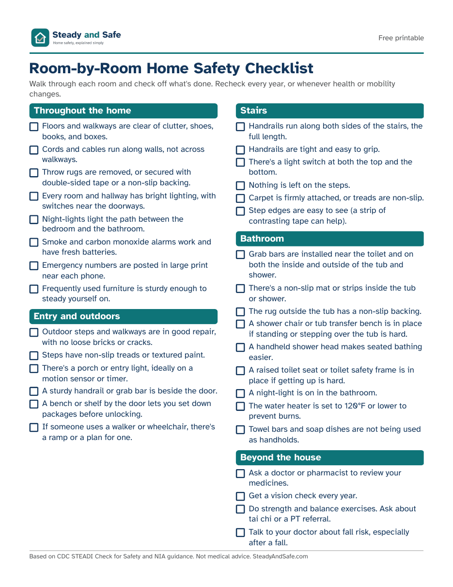Page 1 of the printable Room-by-Room Home Safety Checklist