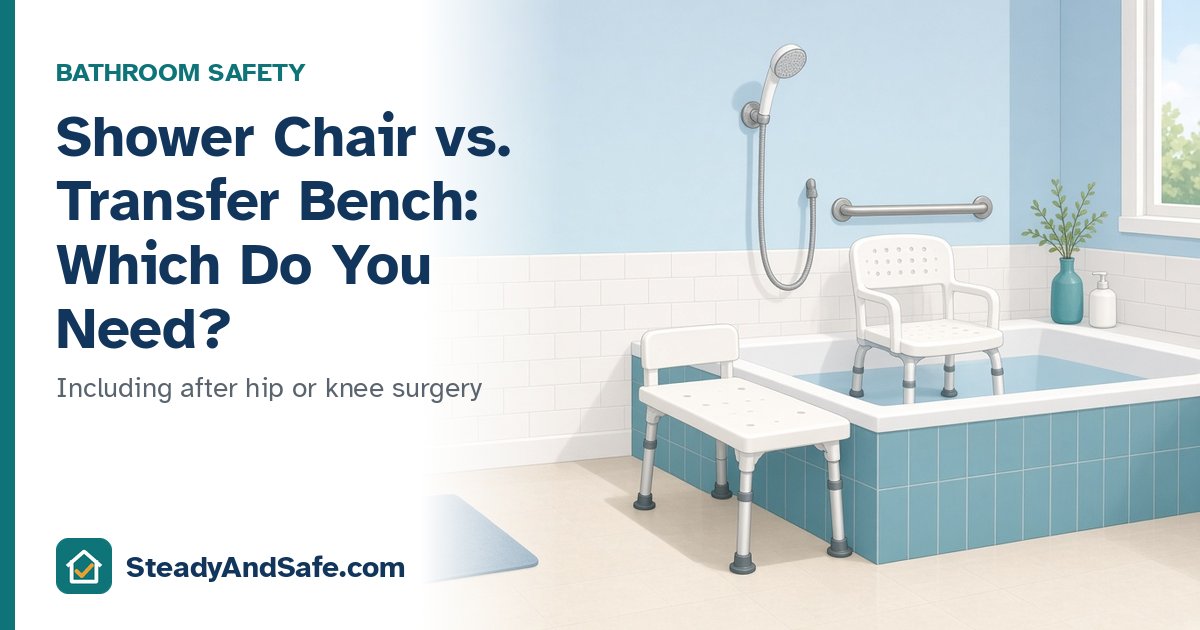 Shower chair inside a tub next to a tub transfer bench, with the title Shower Chair vs. Transfer Bench: Which Do You Need?