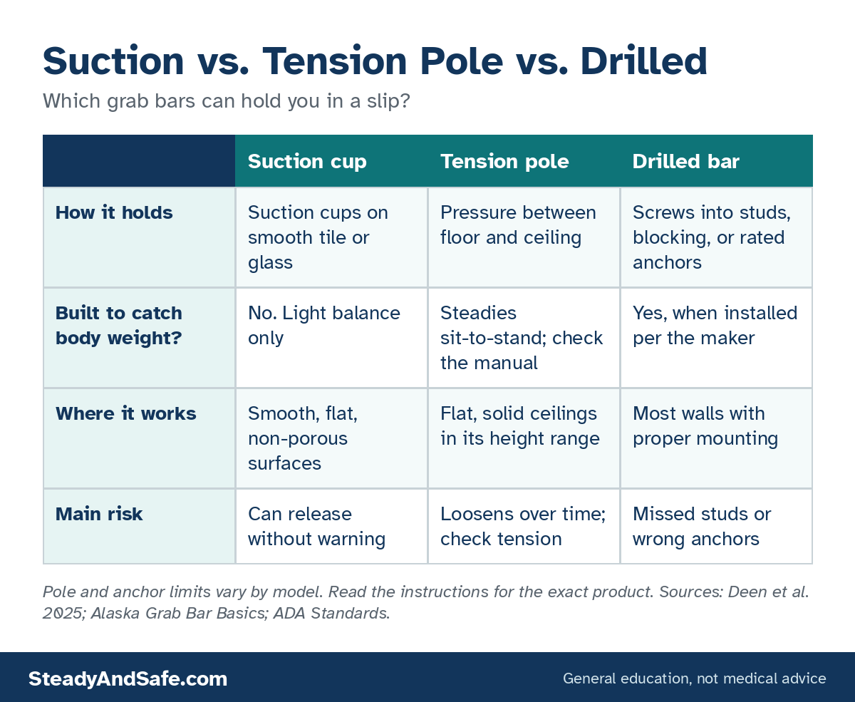 Chart comparing suction-cup, tension pole, and drilled grab bars by how they hold, whether they are built for body weight, where they work, and their main risk