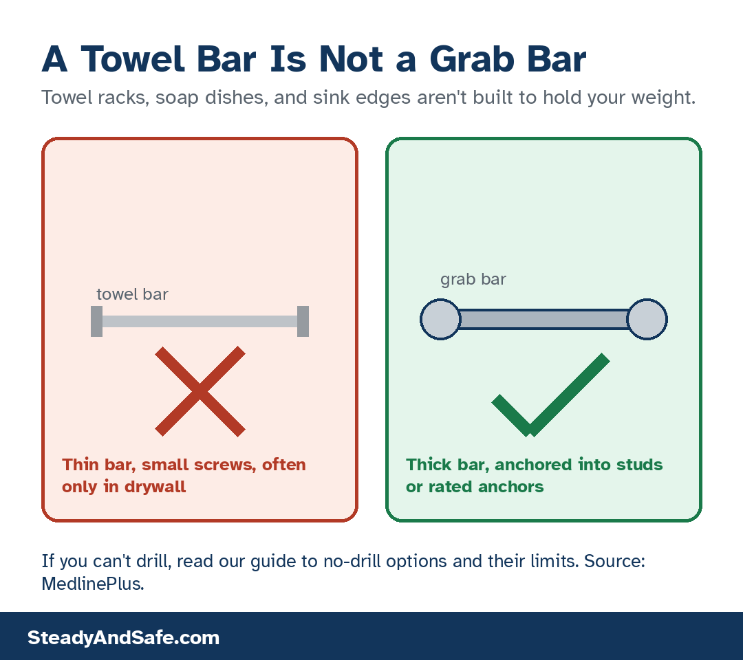 Side-by-side illustration: a thin towel bar marked with an X and a thick grab bar anchored into studs marked with a check